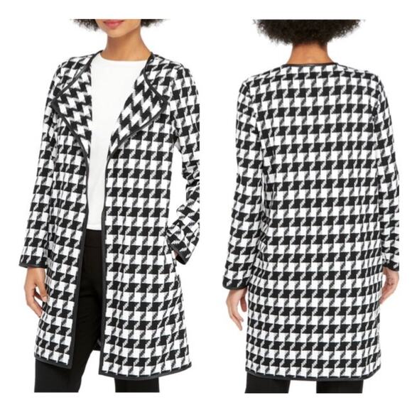 The Limited Womens Open Jacket Black White Houndstooth Sz 12 Faux Leather Trim - Picture 5 of 13